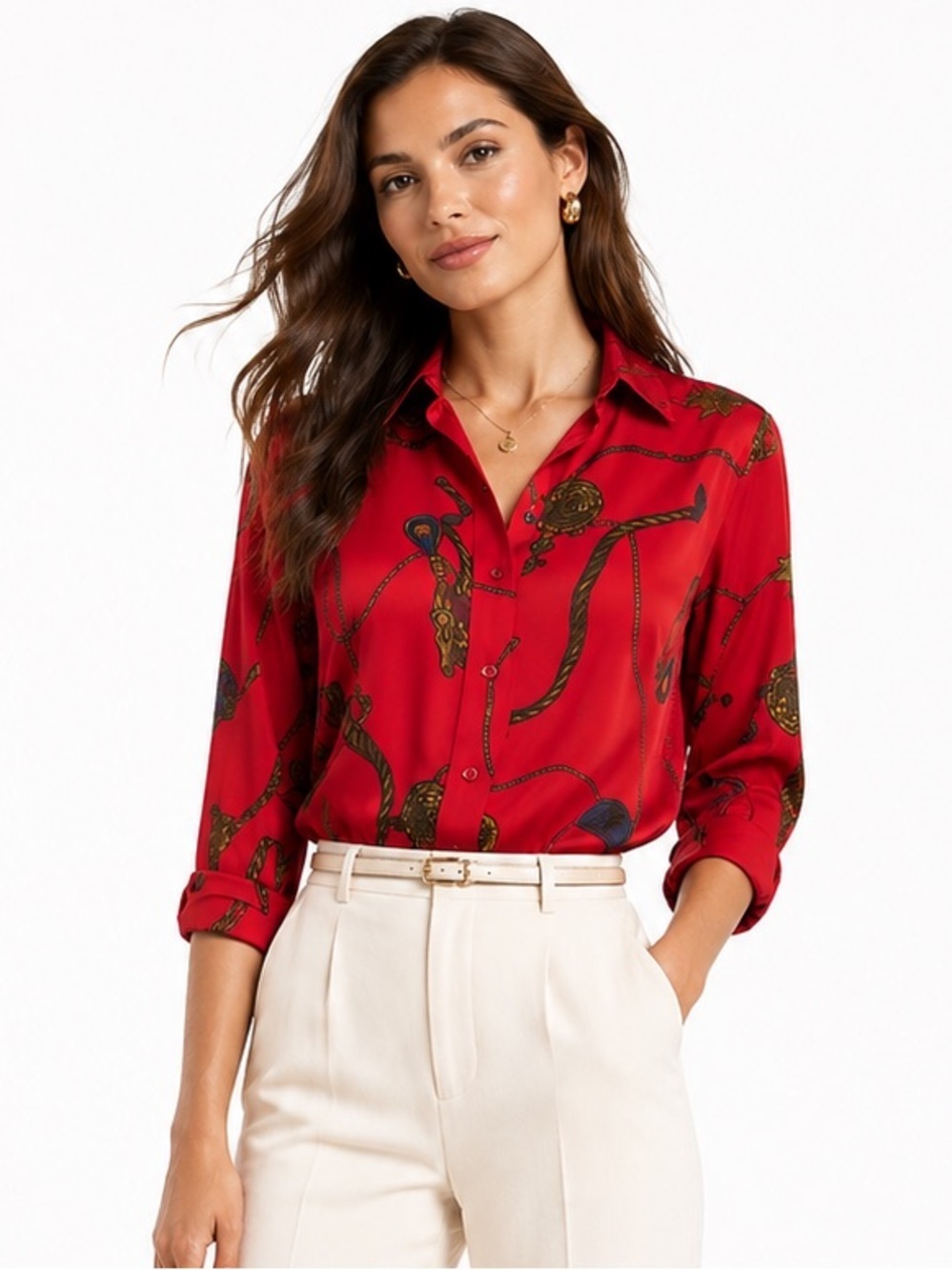 Lauren Ralph Lauren Red Equestrian Chain Print Blouse Size Medium NWOT